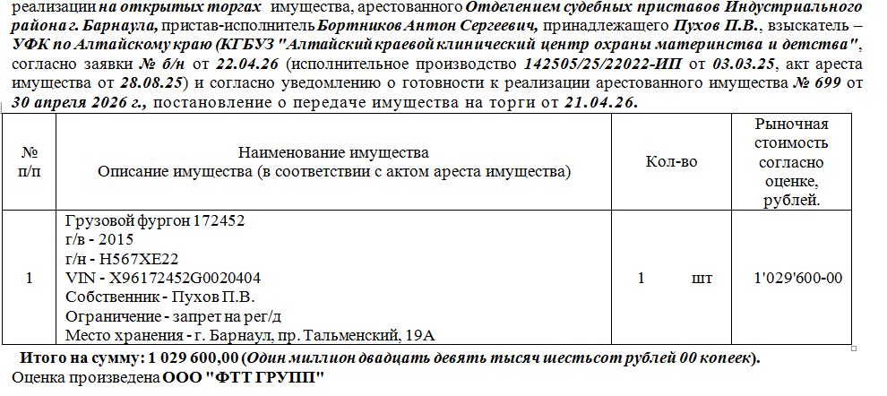 Лот№2 Грузовой фургон 172452 г/в – 2015 г/н - Н567ХЕ22 VIN - Х96172452G0020404. Нач.цена 875160 руб. (Пухов П.В., запрет на рег/д) (699) (повторные)