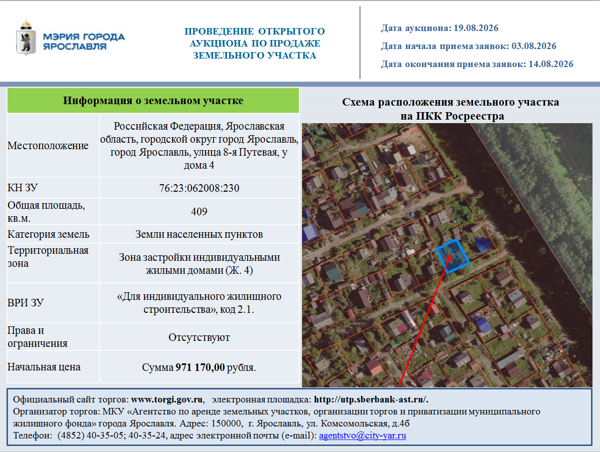 Продажа земельного участка, находящегося в государственной собственности, с описанием местоположения: Российская Федерация, Ярославская область, городской округ город Ярославль, город Ярославль, улица 8-я Путевая, у дома 4