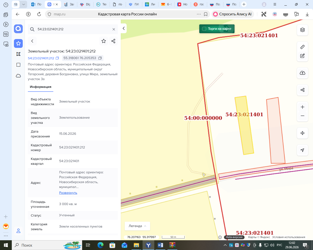 На право заключения договора аренды земельного участка с кадастровым номером 54:23:021401:212, площадью 3000 кв.м., местоположением (адрес): Российская Федерация, Новосибирская область, муниципальный округ Татарский, деревня Богдановка, улица Мира, земельный участок 3а