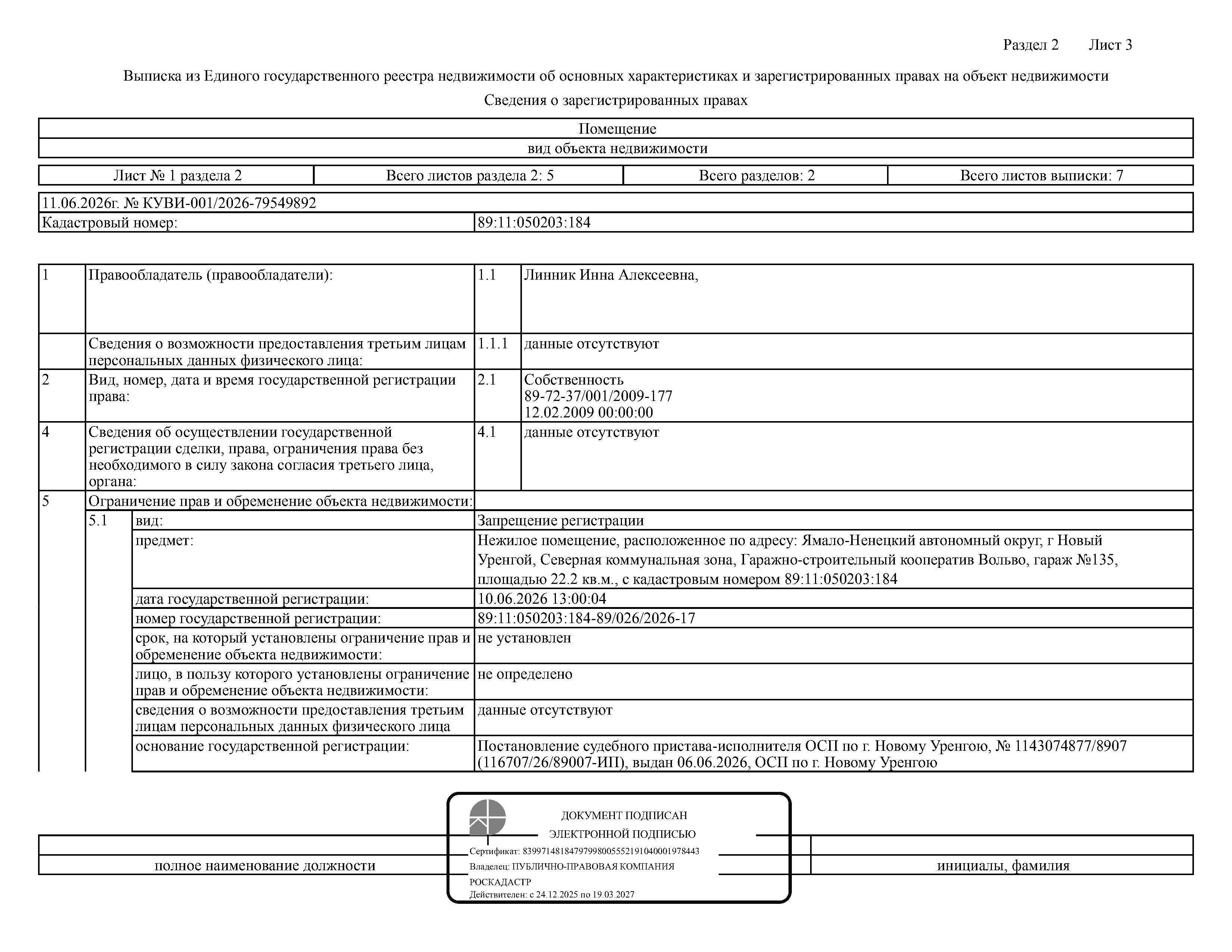 Нежилое помещение, площадь 22,2 кв.м., кадастровый номер: 89:11:050203:184, г. Новый Уренгой, Северная коммунальная зона, Гаражно-строительный кооператив Вольво, гараж №135, рег.№ 26-80;