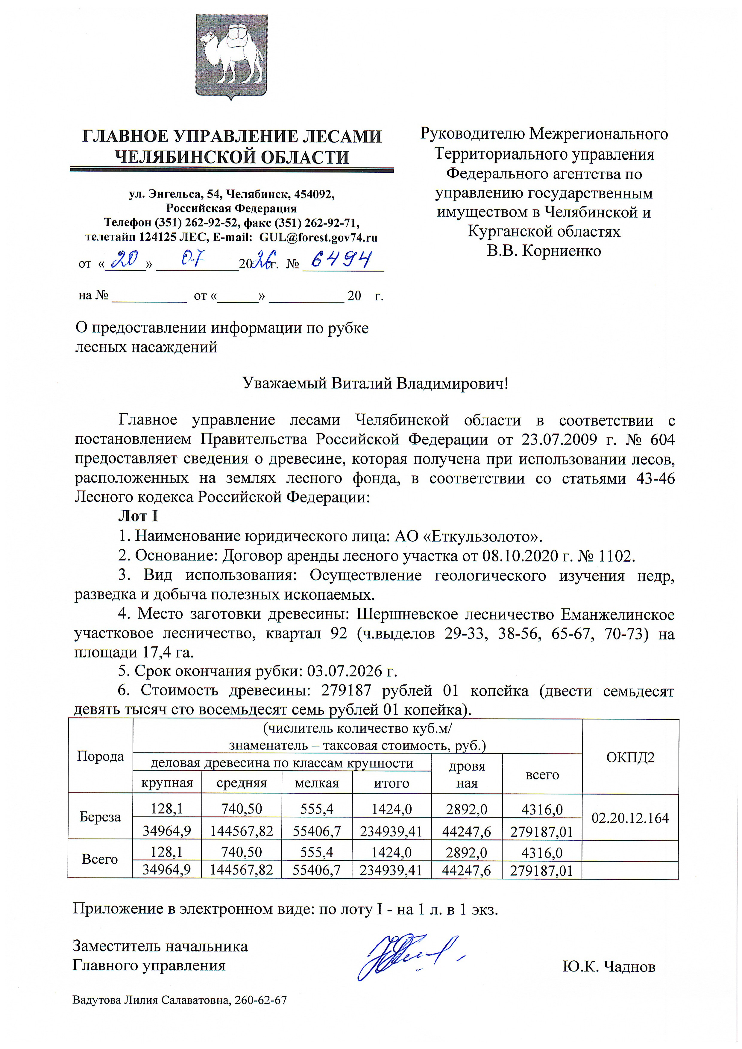 Количество и породный состав древесины: Общий объем 4 316,00 куб.м, в том числе: береза 4 316,00 куб.м (деловая 1 424,00 куб.м.; дровяная 2 892,00 куб.м.). б) Цена древесины: 558 374,02 руб., в том числе НДС – 100 690,40 руб.