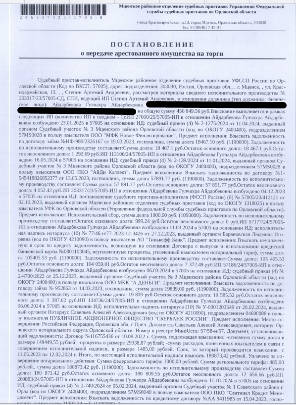 1/5 доля в праве общей долевой собственности на земельный участок, категория земель: земли населенных пунктов, ВРИ: для индивидуального жилищного строительства, площадь 1500 +/- 14 кв.м., кадастровый номер: 57:11:0970202:201, местоположение установлено относительно ориентира, расположенного в границах участка. Почтовый адрес ориентира: Орловская обл, р-н Мценский, с/п Спасско-Лутовиновское, д Большая Каменка, ул Светлая, 1. Взыскатель: ООО «МФК Новое финансирование», ООО ПКО «АйДи Коллект» и др.