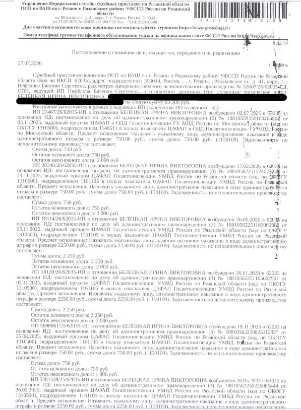 Автомобиль легковой ФОЛЬКСВАГЕН POLO, 2017 г.в, гос.номер С215СТ62, цвет белый, VIN XW8ZZZ61ZJG016638, видимых повреждений не обнаружено, грязное покрытие. Место хранения: г. Рязань, ул. Зубковой, 8. Ответственный хранитель ИП Новичкова. Взыскатель: ЦАФАП Госавтоинспекции УМВД России по Рязанской области, ЦАФАП ОДД Госавтоинспекции ГУ МВД России по г. Москве. Должник: Белецкая И.В.