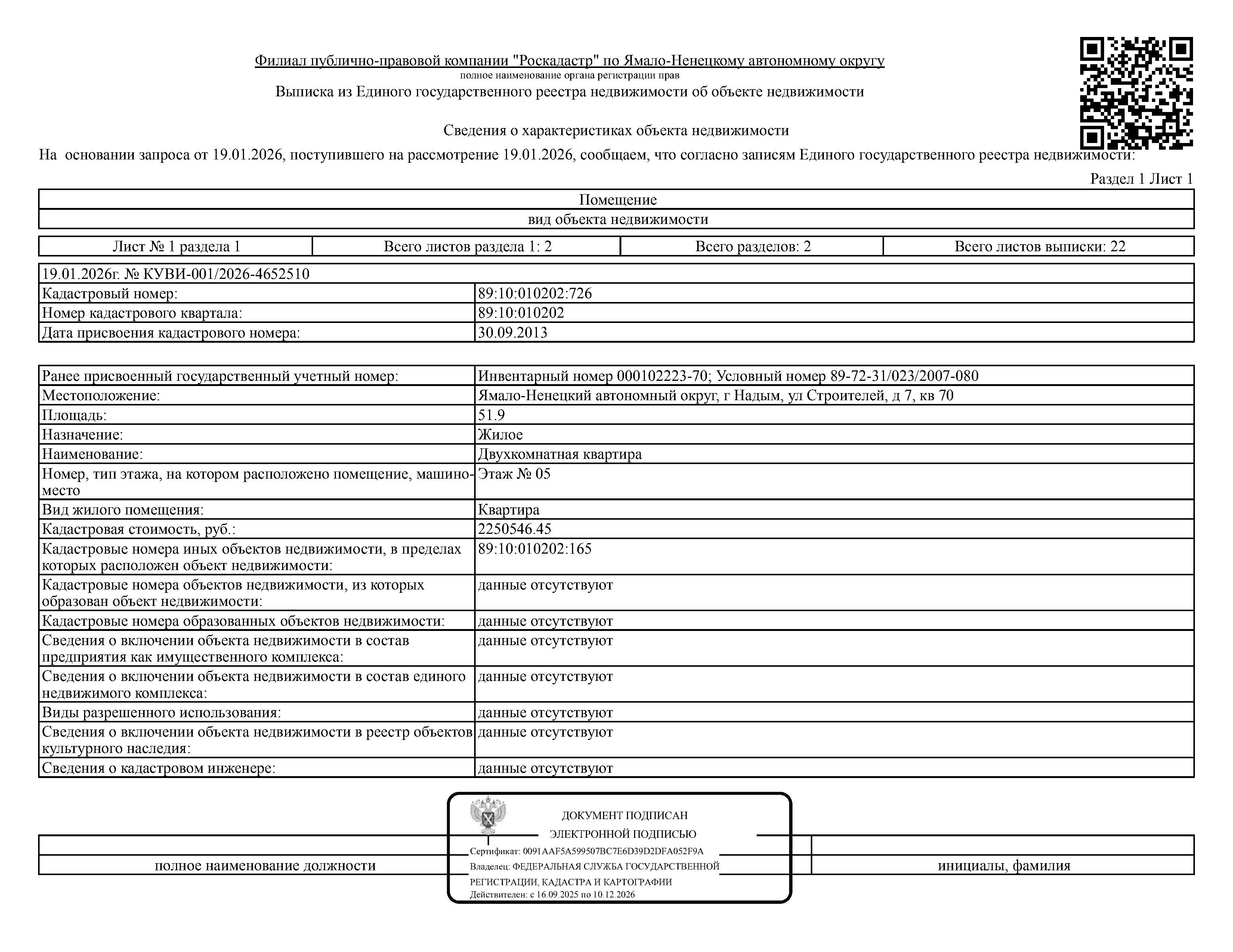 1/3 доля жилого помещения (квартиры), площадь 51,9 кв.м., кадастровый номер: 89:10:010202:726, г. Надым, ул. Строителей, д.7, кв. 70, рег.№ 25-180;