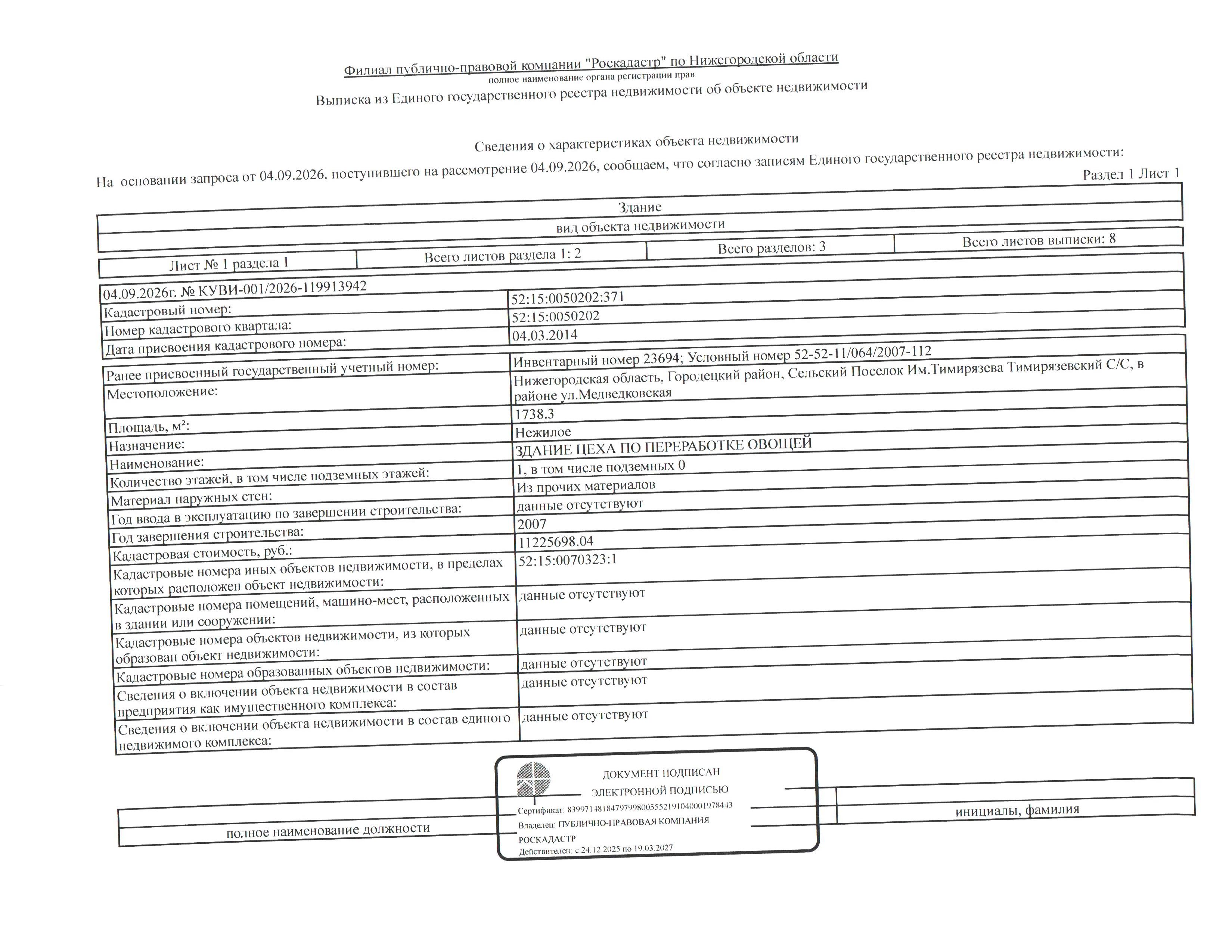 Здание цеха по переработке овощей общей площадью 1738,3 кв. м, кадастровый №52:15:0050202:371, количество этажей - 1. Объект незавершенного строительства общей площадью 886 кв. м, степень готовности - 65%, кадастровый №52:15:0050202:372. Земельный участок площадью 34928 кв. м, кадастровый №52:15:0070336:1775, Местоположение: Нижегородская обл., Городецкий р-н, сп. им. Тимирязева, в районе ул. Медведковская