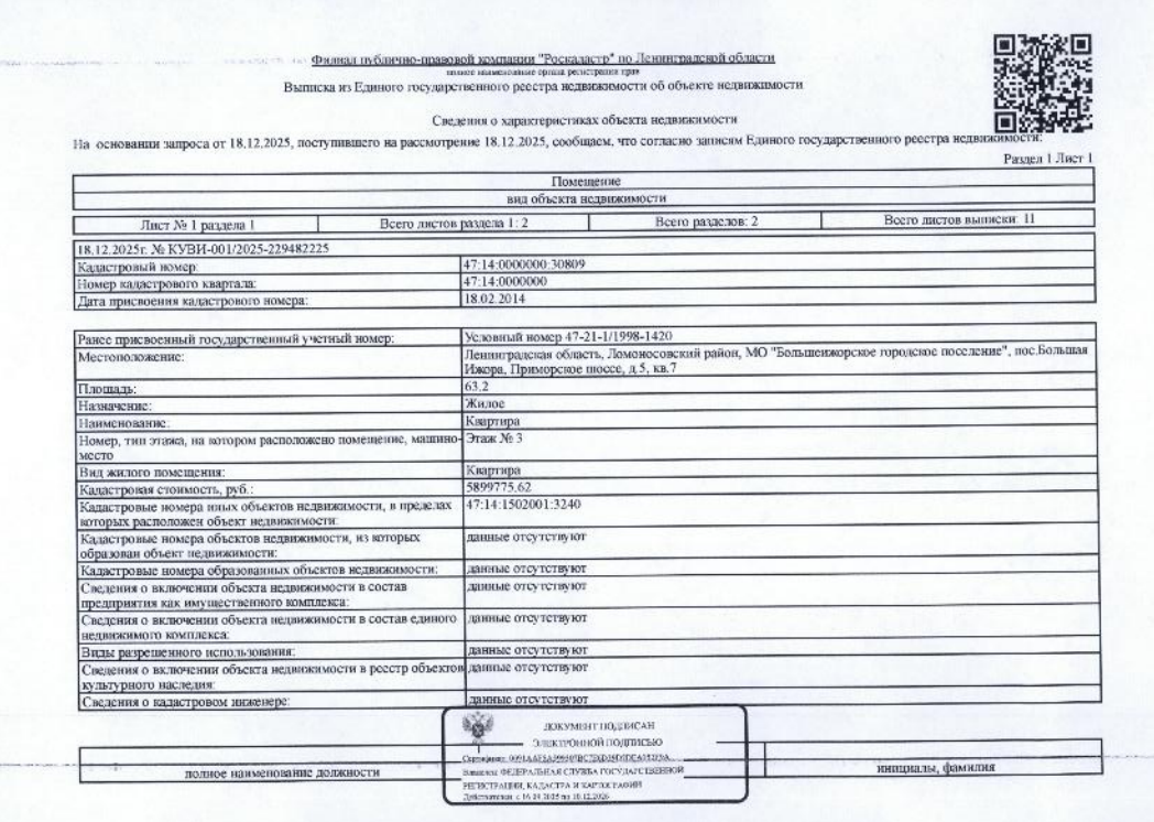 1/6 доли в квартире общ.пл. 63,2 кв.м. кадастровый № 47:14:0000000:30809, расположенная по адресу: ЛО, Ломоносовский район, п. Большая Ижора, Приморское шоссе, д. 5, кв. 7.