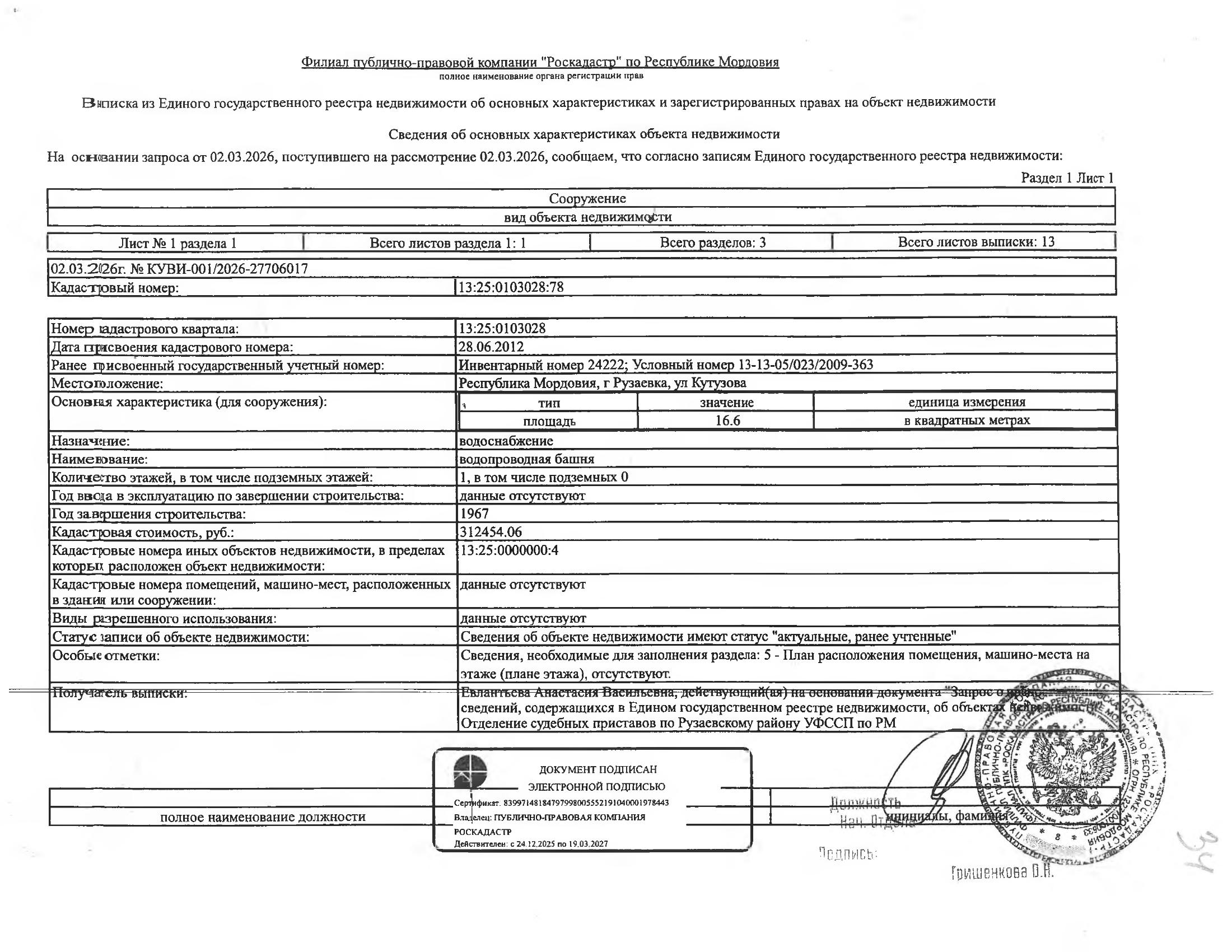 Сооружение (водонапорная башня) протяжённостью 16,6 кв.м.