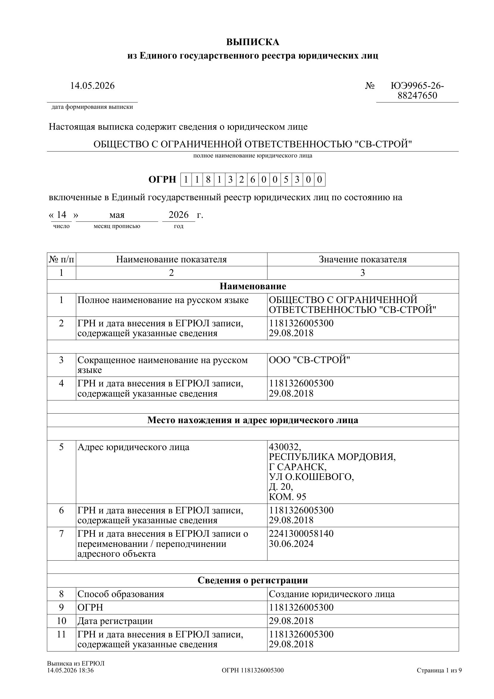 Доля в уставном капитале ООО «СВ-СТРОЙ», ИНН 1326252213