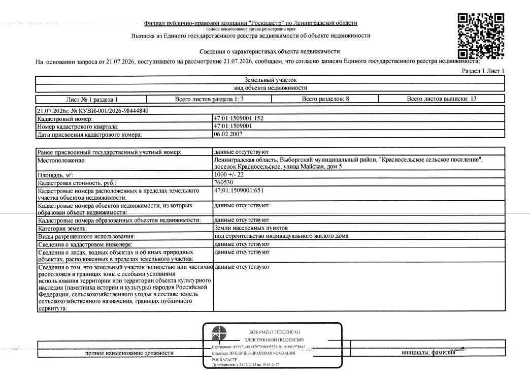 земельный участок общ.пл. 1000 кв.м. кадастровый № 47:01:1509001:152 и расположенный на нем жилой дом общ.пл. 181,8 кв.м. кадастровый № 47:01:1509001:651, расположенные по адресу: ЛО, Выборгский мун. район, Красносельское с.п., пос. Красносельское, ул. Майская, д. 5