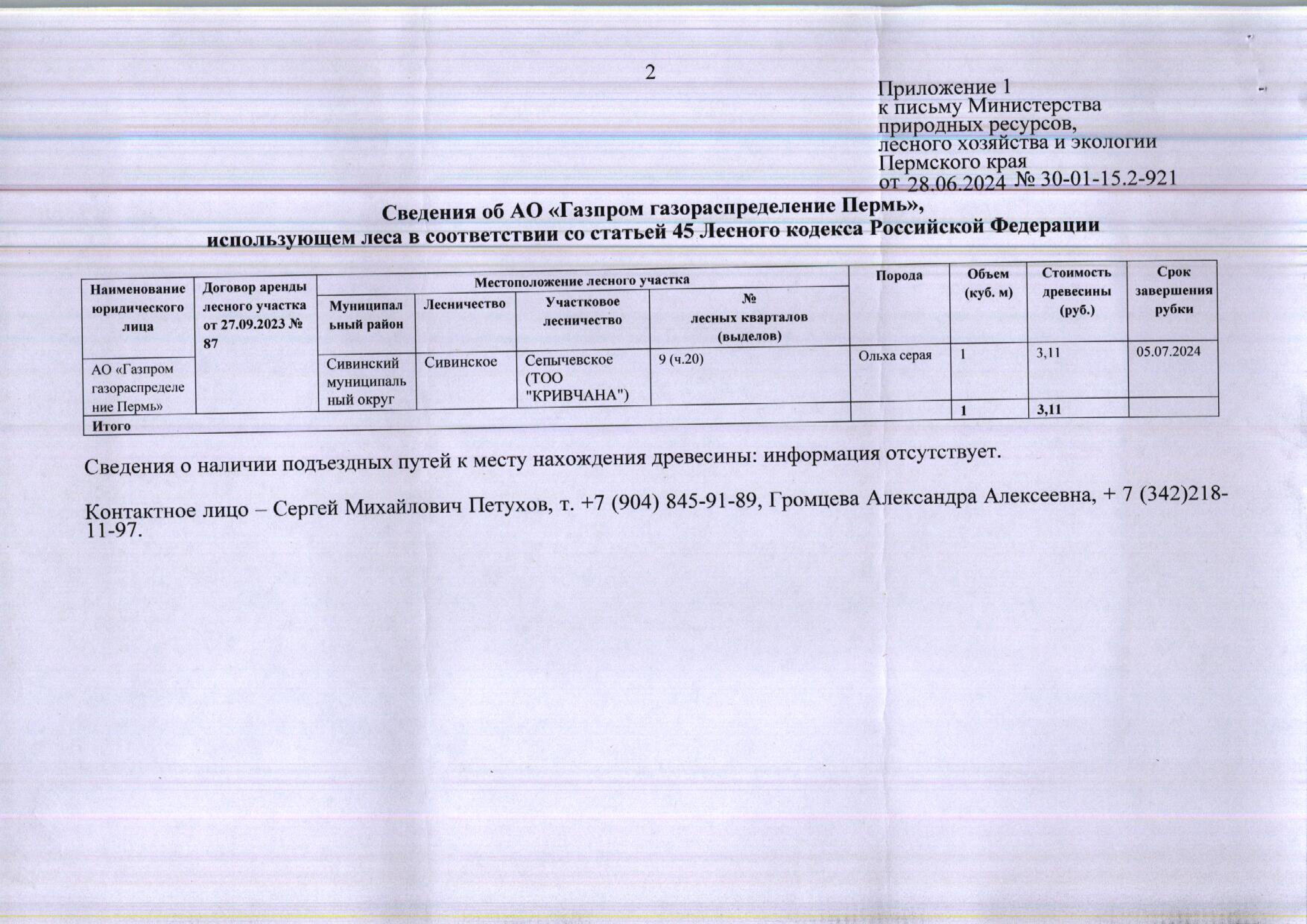 11) Лот № 5 (от 28.06.2024 № 30-01-15.2-921 (вх. № 59-11690 от 15.07.2024).Количество и породный состав древесины:ольха серая – 1 куб.м. Всего: 1 куб.м.Начальная цена древесины: 3 руб. 11 коп. без учета НДС. Местонахождение древесины: Сивинский муниципальный округ, Сивинское лесничество, Сепычевское участковое лесничество (ТОО «Кривчана»), № лесных кварталов (выделов): 9 (ч.20).Срок завершения рубки: 05.07.2024.Наименование юридического лица: АО «Газпром газораспределение Пермь».Контактное