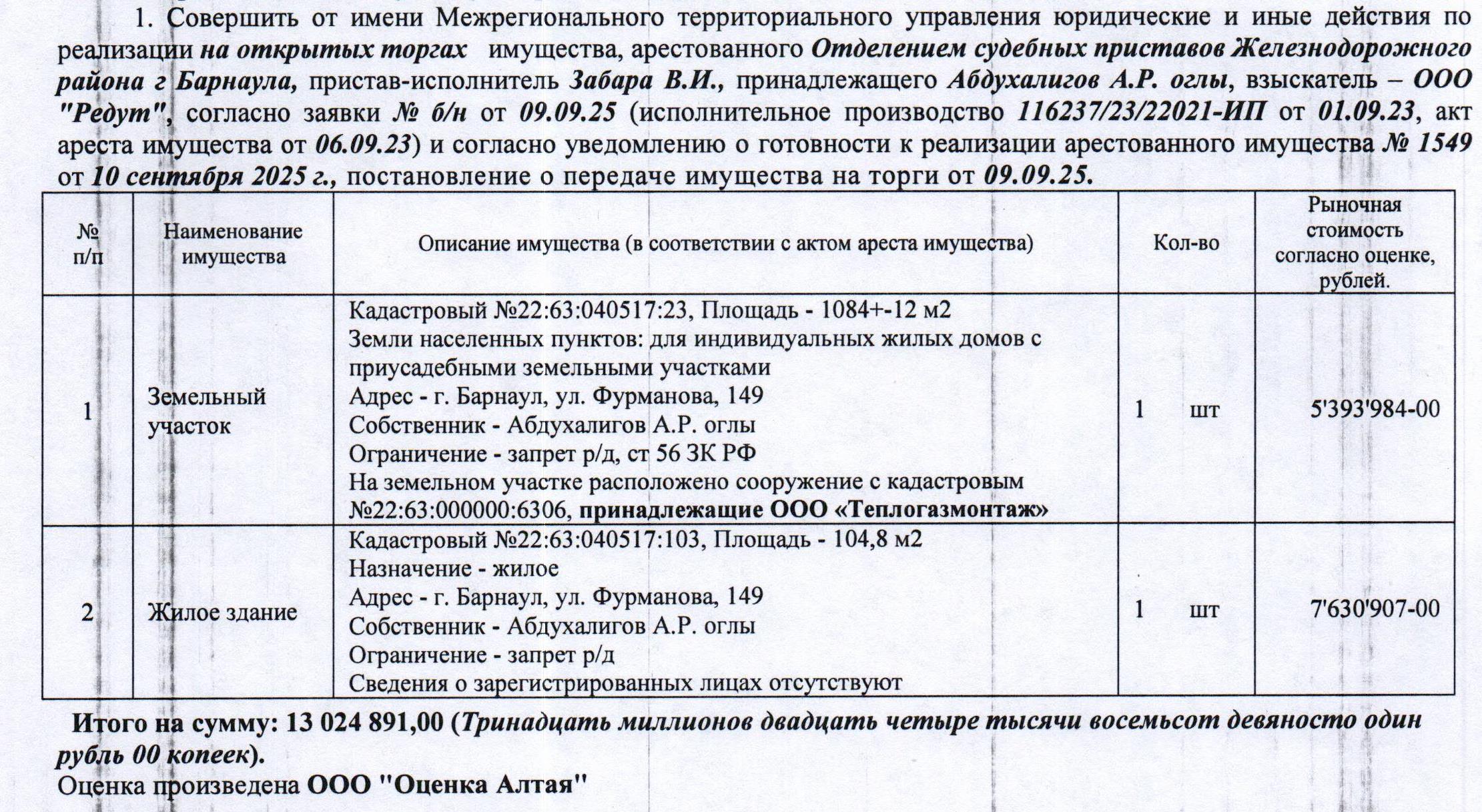 Лот№1 Жилой дом, 2014 г.п., кад№ 22:63:040517:103, площадь 104,8 кв.м., кол-во этажей – 2, и земельный участок, назначение - земли населенных пунктов для индивидуальных жилых домов с приусадебными земельными участками, кад№ 22:63:040517:23, площадь 1084+/-12 кв.м., адрес: Алтайский край, г. Барнаул, ул. Фурманова, д. 149. Информация о зарегистрированных лицах СПИ не предоставлена. На земельном участке расположено сооружение с кадастровым № 22:63:000000:6306, принадлежащее ООО «Теплогазмонтаж».