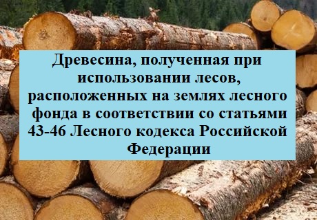 Древесина, которая получена при использовании лесов, расположенных на землях лесного фонда, в соответствии со статьями 43 – 46 Лесного кодекса Российской Федерации (далее – древесина), в соответствии с постановлением Правительства Российской Федерации от 23.07.2009 № 604