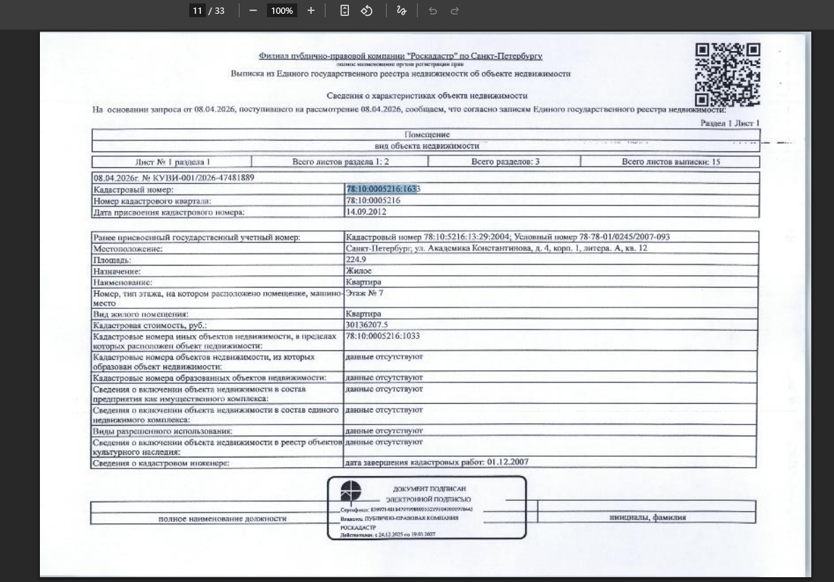 11/137 долей в квартире общ. пл.224.9 кв.м., кадастровый №78:10:0005216:1633,расположенной по адресу: Санкт-Петербург, ул. Академика Константинова, д. 4, корп. 1, литера. А, кв. 12.