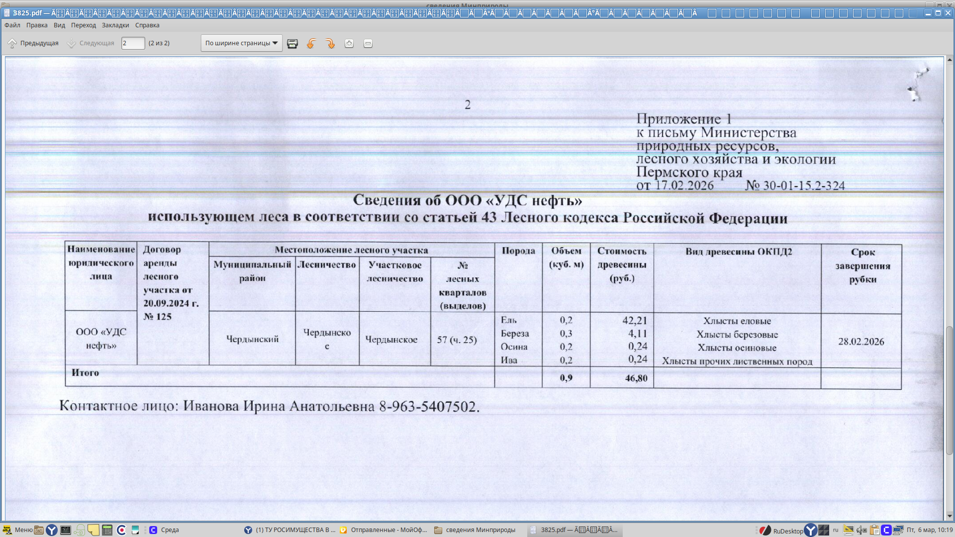 2) Лот № 8 (от 17.02.2026 № 30-01-15.2-324 (вх. № 59-3825 от 02.03.2026). Количество, породный и сортиментный состав древесины (вся древесина - хлысты): ель – 0,2 куб.м., береза – 0,3 куб.м., осина – 0,2 куб.м., ива – 0,2 куб.м. Всего: 0,9 куб.м.