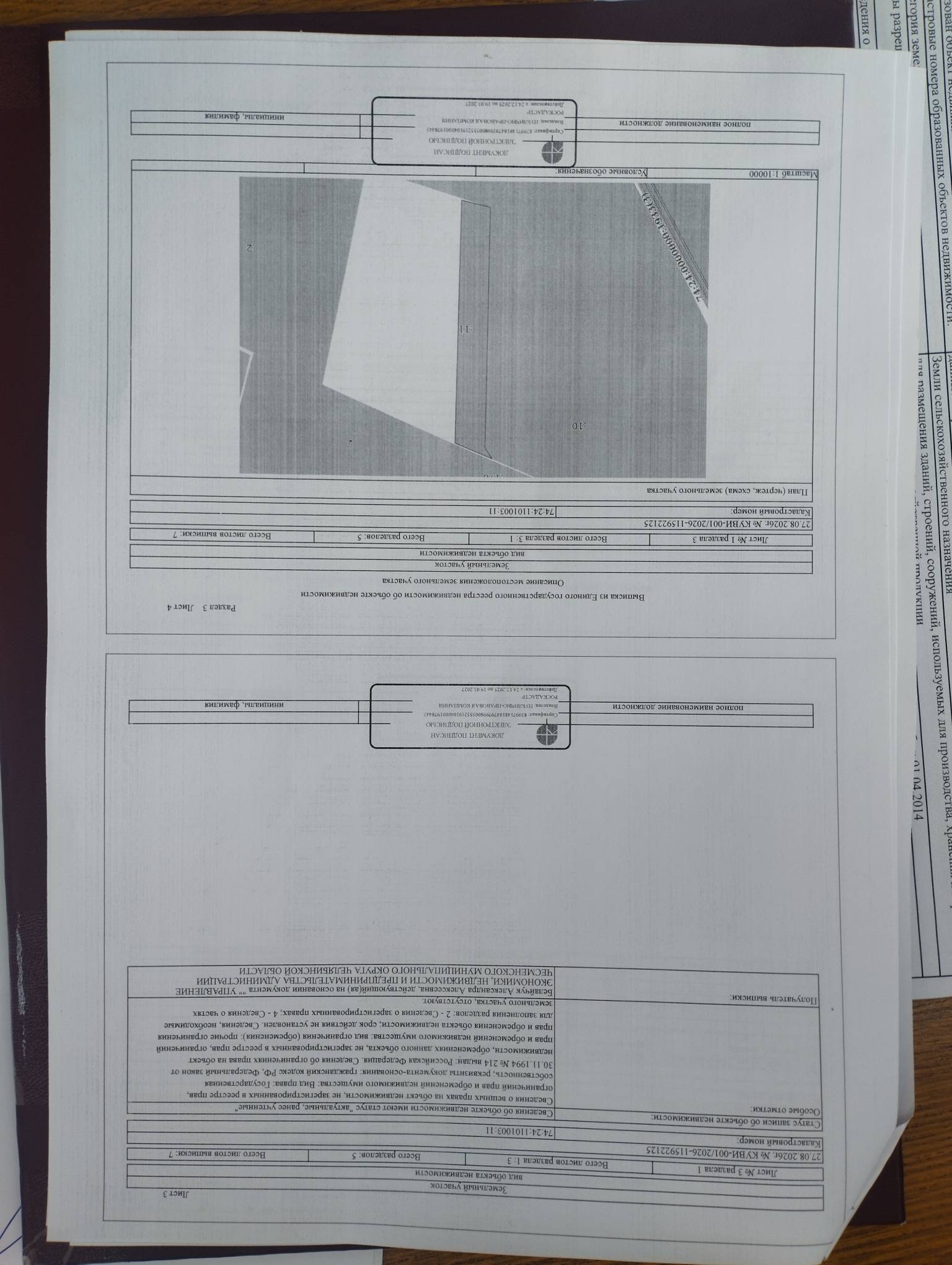 Кадастровый номер 74:24:1101003:11, общей площадью 110000 кв.м., местоположение установлено относительно ориентира, расположенного за пределами участка. Ориентир п. Маяк. Участок находится примерно в 4,4 км по направлению на юго-восток от ориентира. Почтовый адрес ориентира: Челябинская область, Чесменский район,  категория земель -  земли сельскохозяйственного назначения, вид разрешенного использования -  для товарного производства