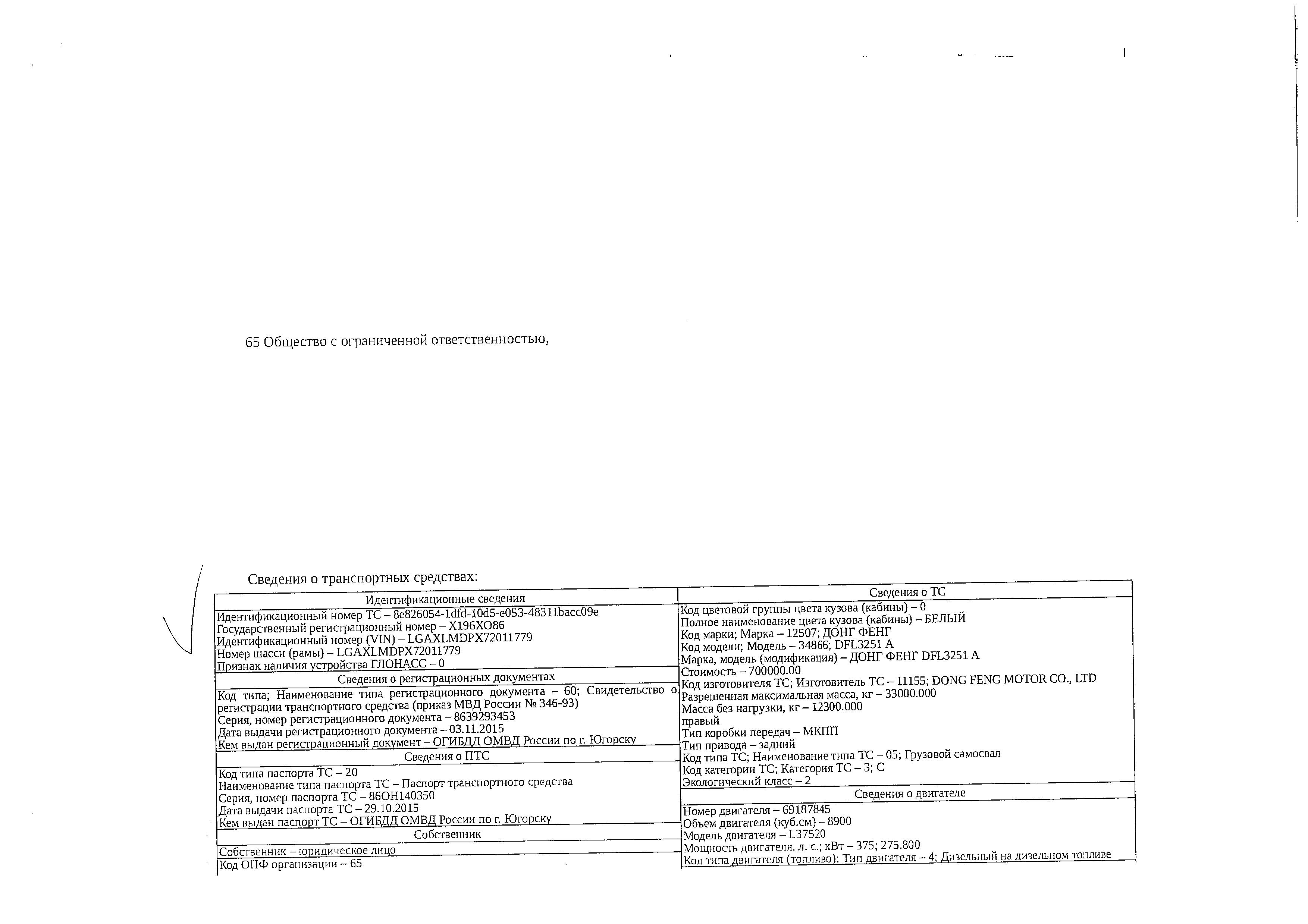 Транспортное средство, грузовой самосвал ДОНГ ФЕНГ DFL3251 A, 2007 г.в., г/н Х196ХО86, VIN LGAXLMDPX72011779, рег. № 26-222;