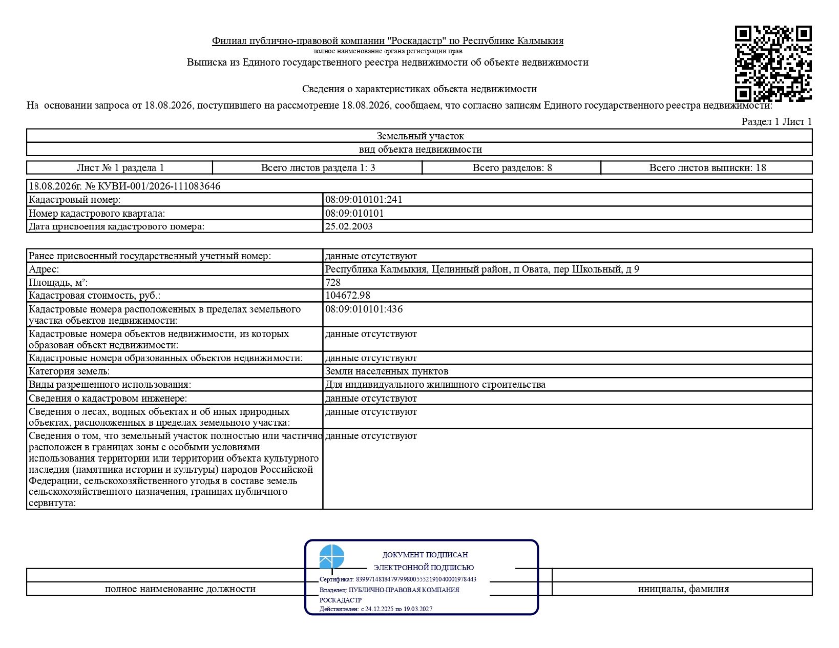 1/5 доля в праве общей долевой собственности на жилой дом общей площадью 44 кв. м, количество этажей - 1 (в том числе подземных - 0), кадастровый номер 08:09:010101:436; 1/5 доля в праве общей долевой собственности на земельный участок площадью 728 кв. м, категория земель - земли населенных пунктов, вид разрешенного использования – для индивидуального жилищного строительства, кадастровый номер 08:09:010101:241, местонахождение: Республика Калмыкия, Целинный район, п. Овата, пер. Школьный, д. 9.