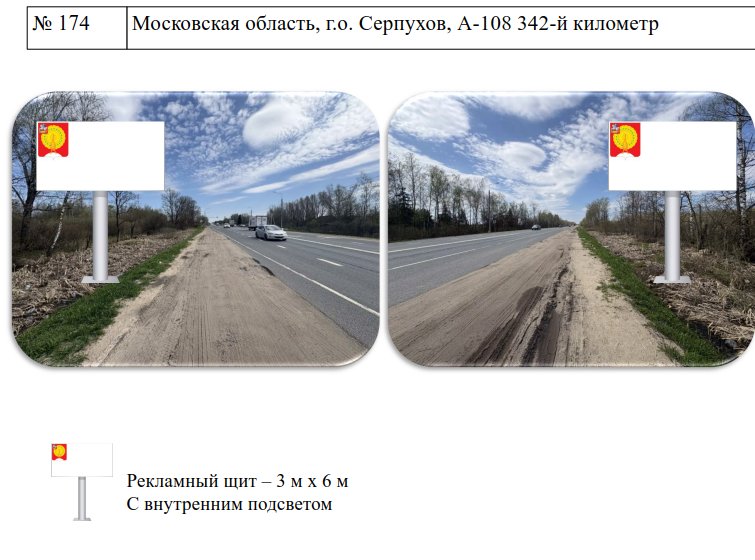№4 . Право на заключение договоров на установку и эксплуатацию рекламных конструкций. Московская обл., г.о. Серпухов, А-108 339-й километр. В схеме размещения рекламных конструкций №173; Московская обл., г.о. Серпухов, А-108 342-й километр. В схеме размещения рекламных конструкций №174;Московская обл., г.о. Серпухов, А-108 343-й километр. В схеме размещения рекламных конструкций №175;
