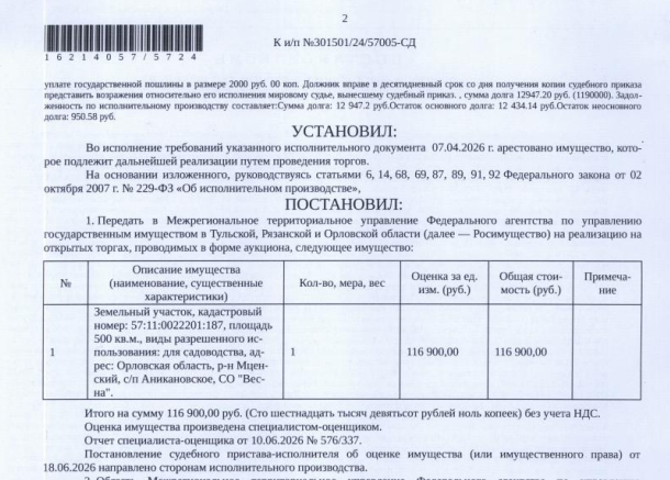 Земельный участок, земли сельскохозяйственного назначения, ВРИ: для садоводства, кадастровый номер 57:11:0022201:187, площадь 500 кв.м., местоположение установлено относительно ориентира, расположенного в границах участка. Почтовый адрес ориентира: Орловская область, р-н Мценский, с/п Аникановское, СО "Весна". Граница земельного участка не установлена. Взыскатель: УФССП России по Орловской области, Управление по муниципальному имуществу г. Мценска и др. Должник: Александрова В.Н.