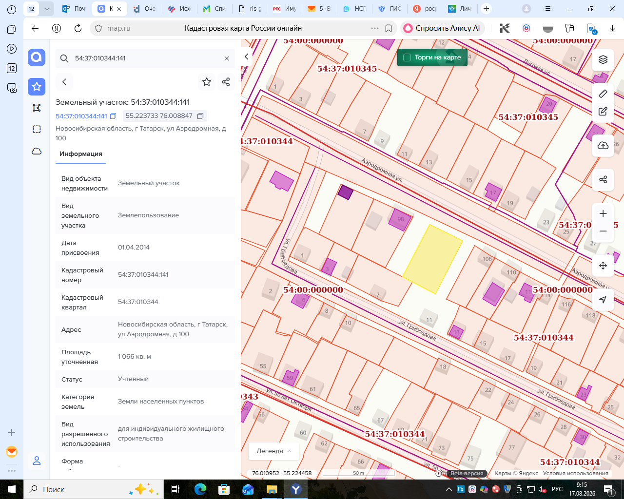 На право заключения договора аренды земельного участка с кадастровым номером 54:37:010344:141, местоположением (адрес): Новосибирская область, г. Татарск, ул. Аэродромная, д. 100,