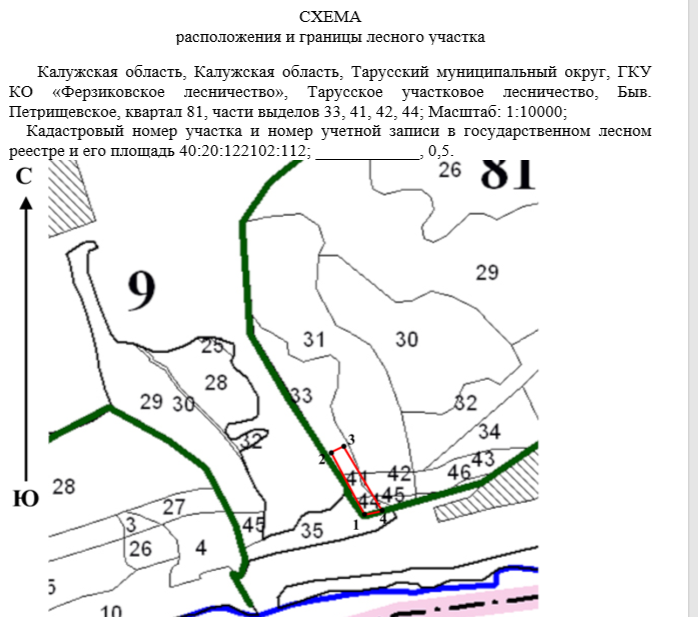 Лесной участок, имеет следующие характеристики: площадь: 0,5 га; местоположение: Калужская область, Тарусский муниципальный округ, ГКУ КО «Ферзиковское лесничество», Тарусское участковое лесничество, быв. Петрищевское, квартал 81, части выделов 33, 41, 42, 44; кадастровый номер: 40:20:122102:112; категория защитности: защитные леса; вид разрешенного использования: осуществление рекреационной деятельности.