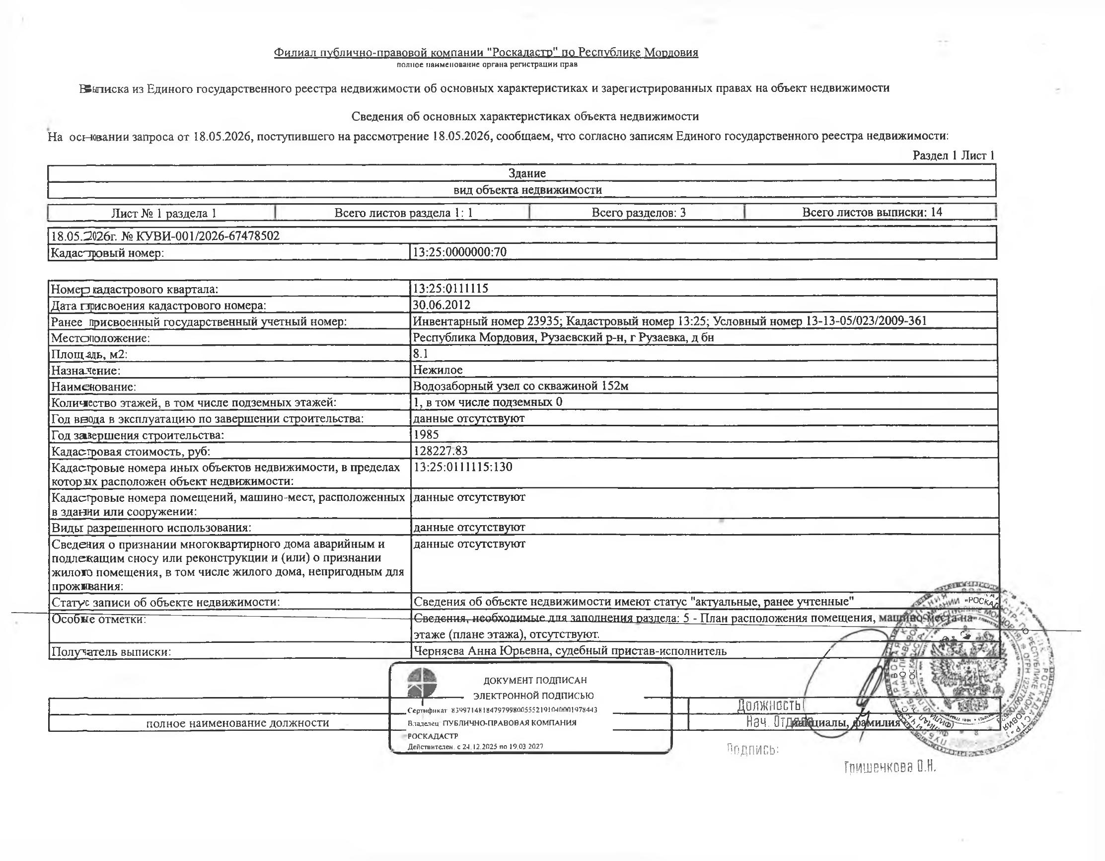 Нежилое здание (водозаборный узел со скважиной 152 м) общей площадью 8,1 кв.м.