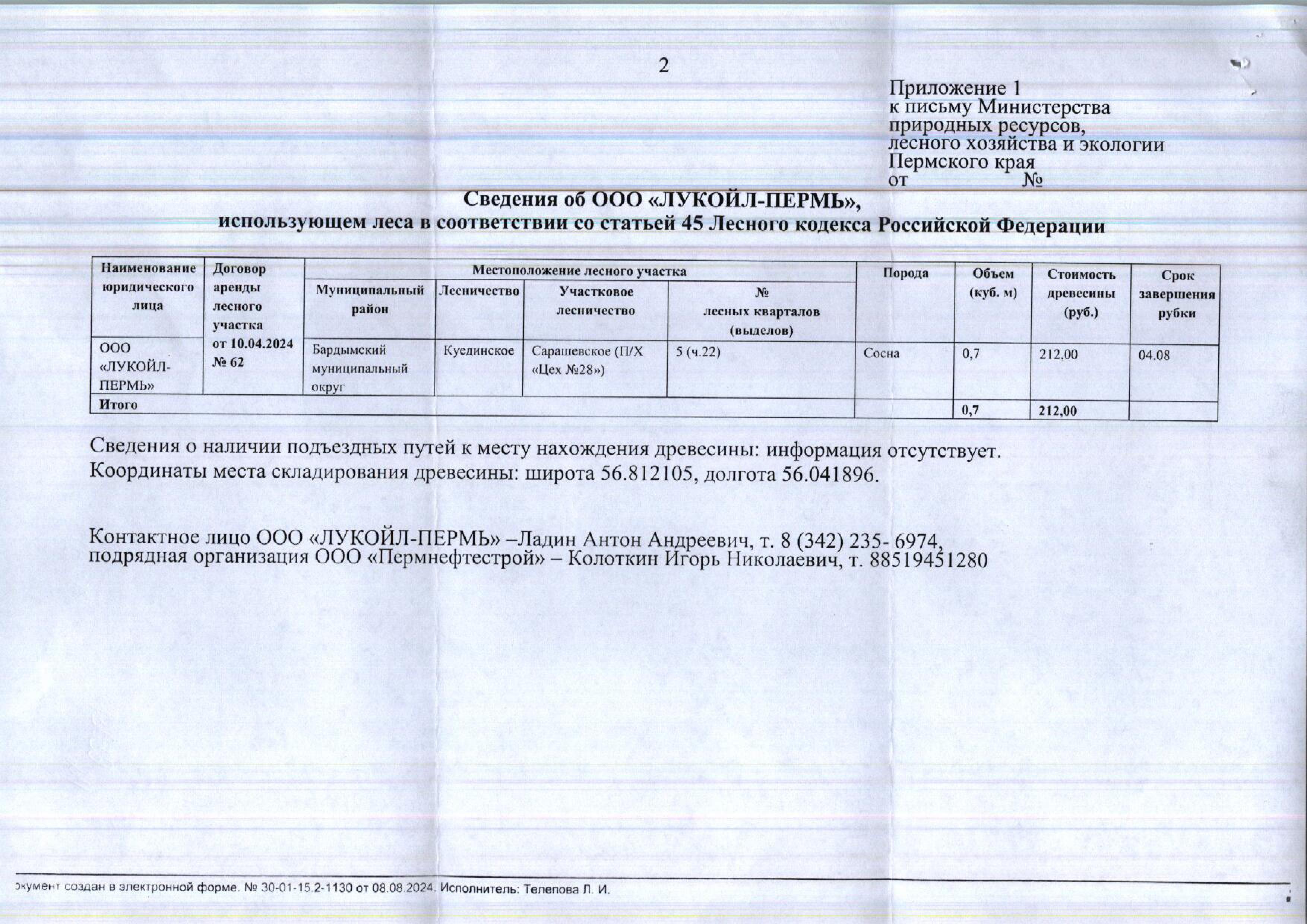 3) Лот № 13 (от 08.08.2024 № 30-01-15.2-1130 (вх. № 59-13639 от 16.08.2024).Количество и породный состав древесины: сосна – 0,7 куб.м. Всего: 0,7 куб.м.Начальная цена древесины: 212 руб. 00 коп. без учета НДС.Местонахождение древесины: Бардымский муниципальный округ, Куединское лесничество, Сарашевское участковое лесничество (П/х «Цех № 28), № лесных кварталов (выделов): 5 (ч.22).Срок завершения рубки: 04.08.2024.Наименование юридического лица: ООО «ЛУКОЙЛ-ПЕРМЬ».Контактное лицо: ООО «ЛУК
