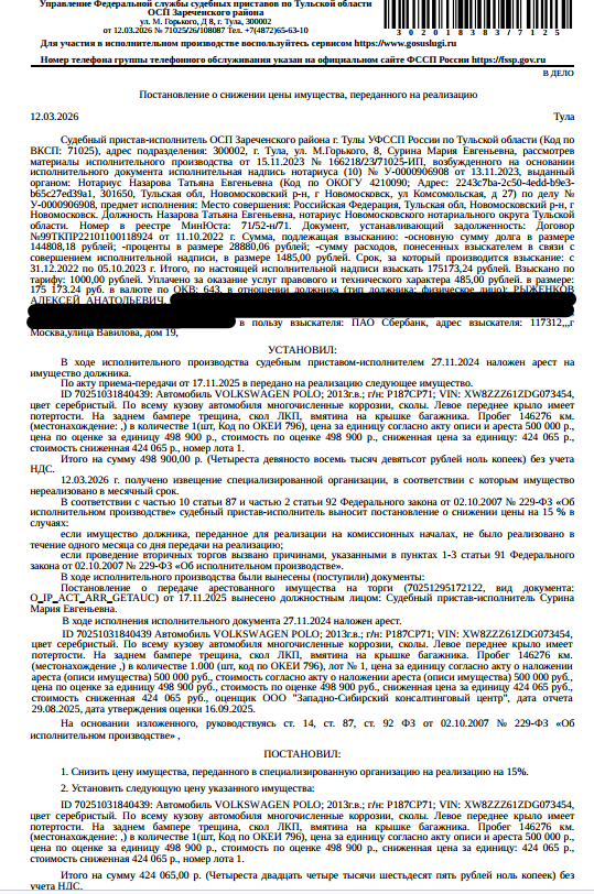 Легковой автомобиль VОLКSWАGЕN РОLО, 2013 г.в., гос.номер Р187СР71, VIN XW8ZZZ61ZDG073454, цвет серебристый, по всему кузову многочисленные коррозии, сколы, левое переднее крыло имеет потертости, на заднем бампере трещина, скол ЛКП, вмятина на крыше багажника, пробег 146276 км. Место хранения: г. Тула, ул. Герцена, д. 7. Ответственный хранитель Рыженков А.А. Согласно реестру уведомлений о залоге имущество находится в залоге у ПАО «Совкомбанк». Взыскатель: ПАО «Сбербанк». Должник: Рыженков А.А.