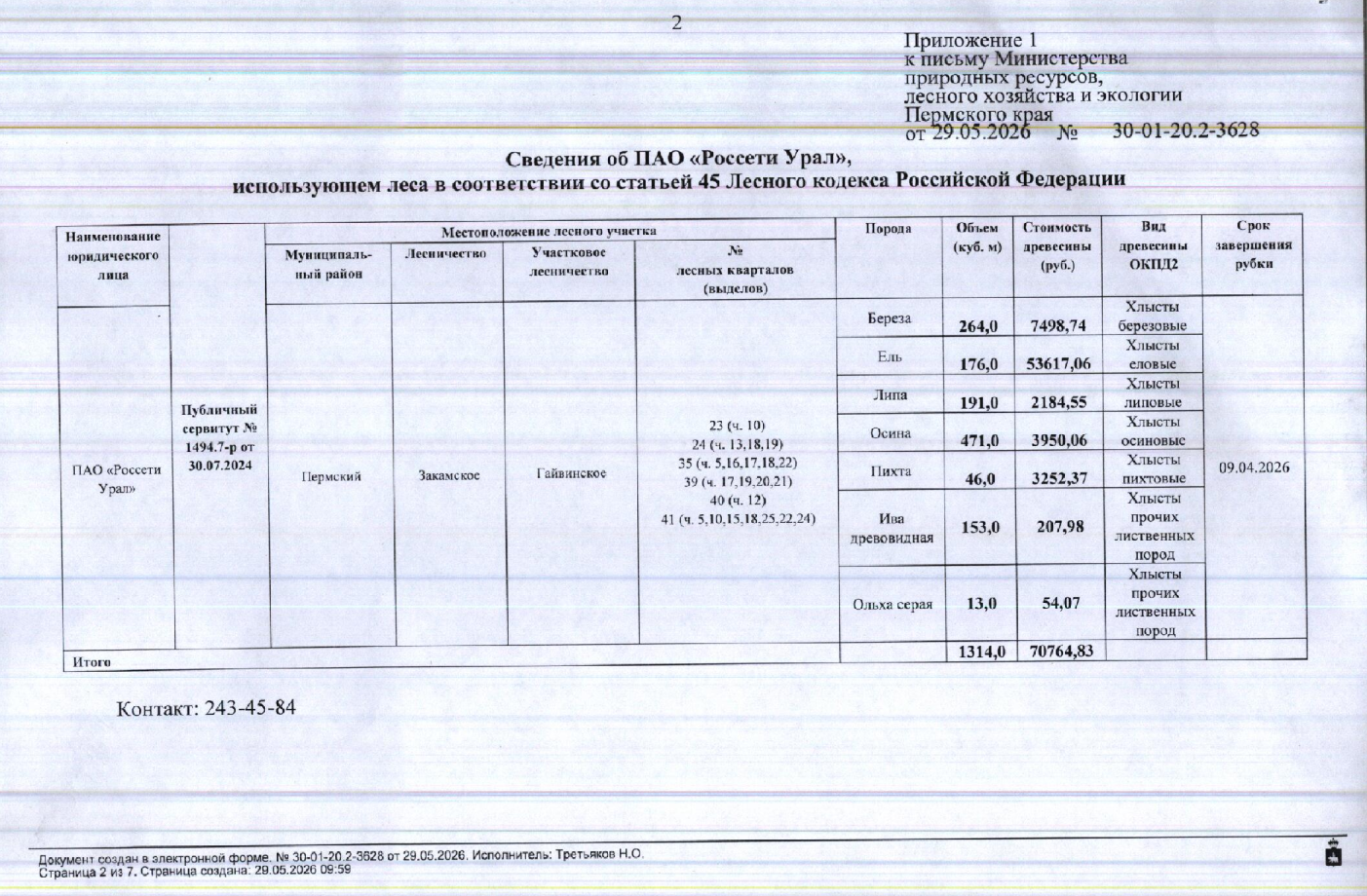 Лот № 8(6) (от 29.05.2026 № 30-01-20.2-3628 (вх. № 59-10982 от 09.06.2026). Количество, породный и сортиментный состав древесины (вся древесина - хлысты): береза – 264 куб.м., ель – 176 куб.м., липа – 191 куб.м., осина – 471 куб.м., пихта – 46 куб.м., ива древовидная – 153 куб.м., ольха серая – 13 куб.м. Всего: 1314 куб.м.