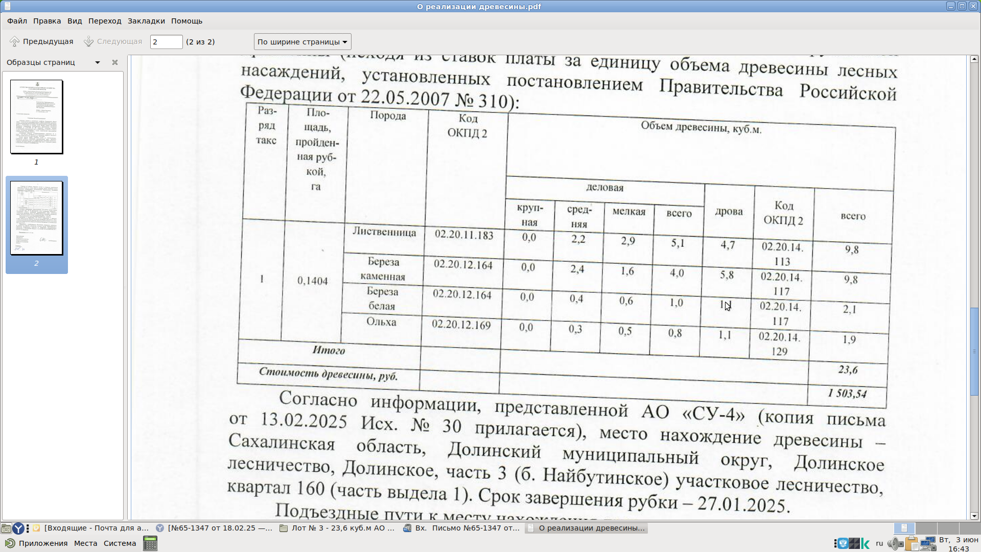 Всего – 23,6 куб.м. из них:Лиственница (02.20.11.183 Хлысты из лиственницы) (крупная – 0,0 куб.м.; средняя – 2,2 куб.м.; мелкая – 2,9 куб.м.; дрова – 4,7 куб.м.) – 9,8 куб.м.Береза каменная (02.20.12.164 Хлысты березовые) (крупная – 0,0 куб.м.; средняя – 2,4 куб.м.; мелкая – 1,6 куб.м.; дрова – 5,8 куб.м.) – 9,8 куб.м.Береза белая (02.20.12.164 Хлысты березовые) (крупная – 0,0 куб.м.; средняя – 0,4 куб.м.; мелкая – 0,6 куб.м.; дрова – 1,1 куб.м.) – 2,1 куб.м.Ольха (02.20.12.169 Хлысты.........