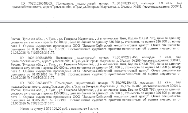 Помещение, назначение: нежилое, наименование: кладовая, площадь 7 кв.м., этаж №12, кадастровый номер 71:30:070219:465, местоположение: Российская Федерация, Тульская обл., муниципальное образование Тула, город Тула ул. Генерала Маргелова, дом 3А, помещение №206. Взыскатель: ООО «Тульская городская управляющая компания». Должник: Алексеев Я.О.