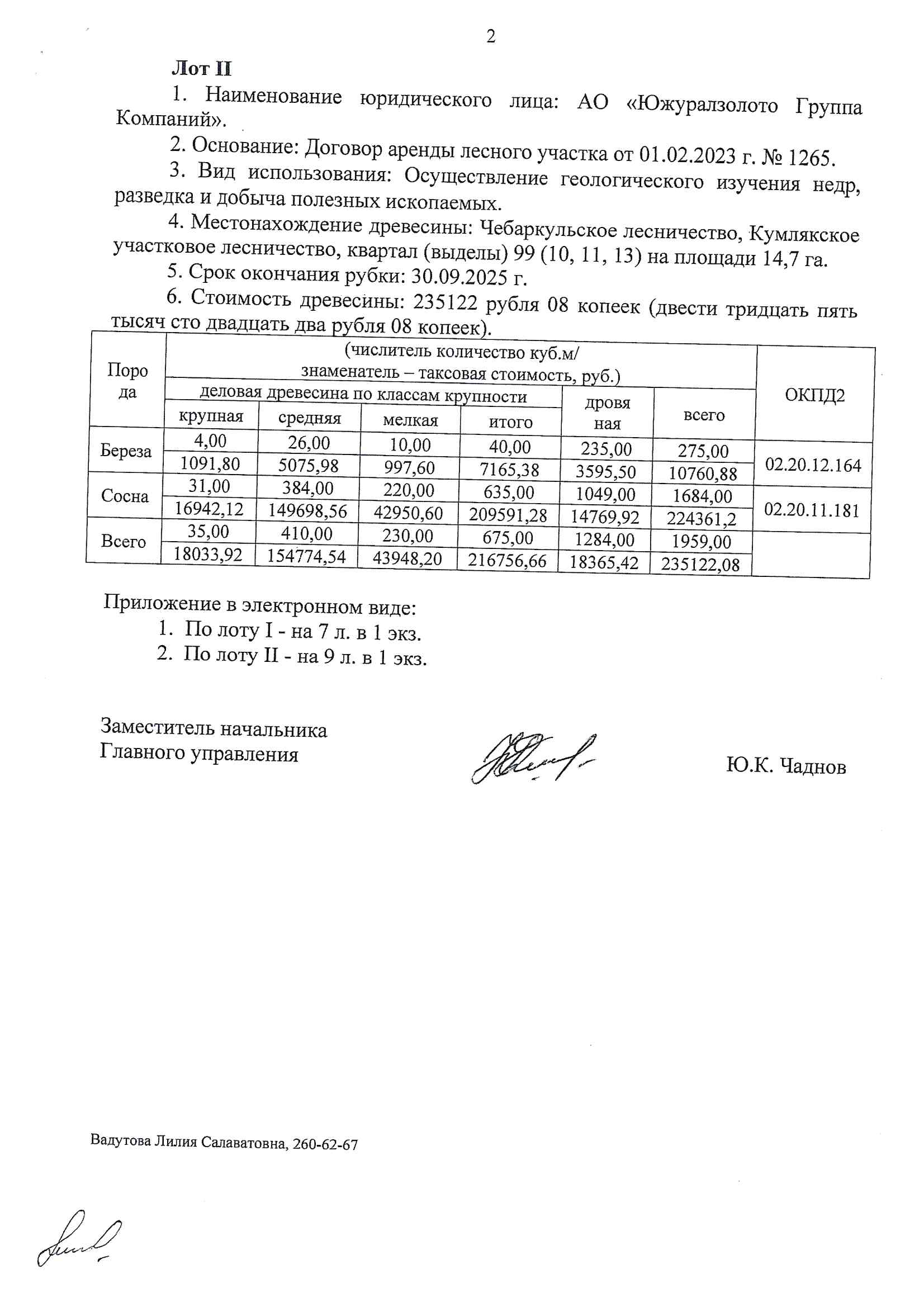 Количество и породный состав древесины: Общий объем 1 959,00 куб.м, в том числе: береза 275,00 куб.м (деловая 40,00 куб.м., дровяная 235,00 куб.м.); сосна 1 684,00 куб.м (дровяная 635,00 куб.м., дровяная 1 049,00 куб.м.). б) Цена древесины: 474 162,16 руб., в том числе НДС – 85 504,65 руб.