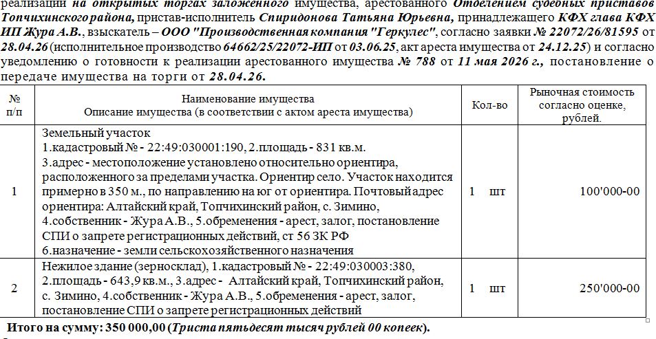 Лот№3 Нежилое здание (зерносклад), кад.№22:49:030003:380, S-643,90 кв.м., земельный участок, кад.№22:49:030001:190, S-831 кв.м., адрес: АК, местоположение установлено относительно ориентира, распол. за пределами участка. Ориентир село. Участок находится примерно в 350 м., по направлению на юг от ориентира. Почтовый адрес ориентира: АК, Топчихинский р-н, с. Зимино. Нач. цена 297500 руб. (должник КФХ глава КФХ ИП Жура А.В., собственник Жура А.В., арест, залог, постановление СПИ о запрете р/д, ст 5