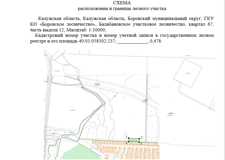 Лесной участок, имеет следующие характеристики: площадь: 0,478 га; местоположение: Калужская область, Боровский муниципальный округ, ГКУ КО «Боровское лесничество», Балабановское участковое лесничество, квартал 67, часть выдела 12; кадастровый номер: 40:03:058302:237; категория защитности: защитные леса; вид разрешенного использования: осуществление рекреационной деятельности.