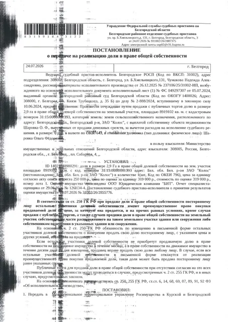 Доля в размере 2,9 га в праве общей долевой собственности на земельный участок площадью 8919102 кв. м, кадастровый номер 31:15:0000000:393. Имущество обременено: арест, запрещение регистрации. Имущество принадлежит на праве собственности Шаровка О.Ф. Взыскатель: Министерство земельных и имущественных отношений Белгородской области. Основание реализации: исполнительный лист Белгородского районного суда Белгородской области по делу № 2-888/2024 от 26.04.2024.