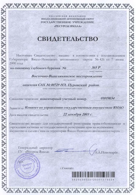 Сооружение, скважина № 365-Р глубиной 2770 м, кадастровый номер 89:05:030803:5997, РНФИ П12870000465, расположенная по адресу: Ямало-Ненецкий автономный округ, р-н Пуровский, Восточно-Вынгаяхинское месторождение
