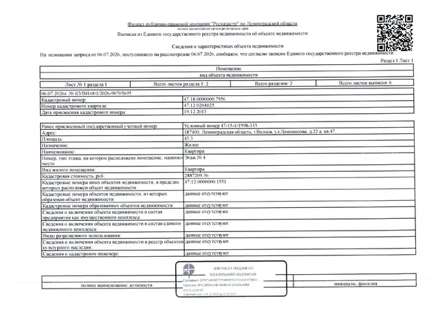 Арестованная в пользу взыскателя ПАО «Сбербанк», принадлежащая должнику Крылову И.В. квартира кад.№47:18:0000000:7956, общ.пл. 43,3 кв.м., расположенная по адресу: Российская Федерация, Ленинградская область, м.р-н Волховский, г.п. Волховское, г. Волхов, ул. Ломоносова, д. 22А, кв. 47