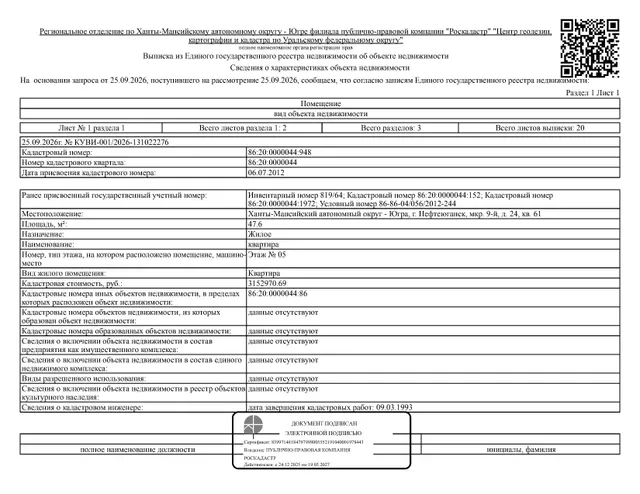 Жилое помещение (квартира), площадь 47,6 кв.м., кадастровый номер: 86:20:0000044:948, г. Нефтеюганск, мкр. 9, д. 24, кв. 61, рег. № 26-593;