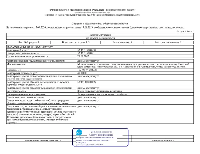 Земельный участок площадью 102183 ± 2823,15 кв. м, кадастровый (или условный) номер 52:13:0100405:37, категория земель - земли сельскохозяйственного назначения, вид разрешенного использования – для организации и ведения дачного хозяйства. Местоположение установлено относительно ориентира, расположенного в границах участка. Почтовый адрес ориентира: Нижегородская обл., Чкаловский р-н, северо-западнее д. Зименки