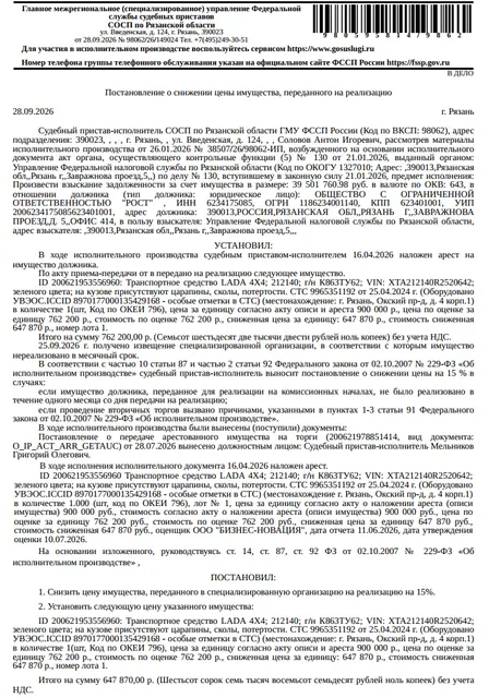 Легковой универсал LADA 4X4, 2024 г.в., VIN XTA212140R2520642, гос.номер К863ТУ62, цвет зеленый, на кузове царапины, сколы, потертости, оборудовано УВЭОС.ICCID 8970177000135429168 – особые отметки в СТС. Место хранения: г. Рязань, Окский пр-д, д. 4к1, во дворе на парковке. Ответственный хранитель Матренин Н.В. Взыскатель: УФНС по Рязанской области. Должник: ООО «Рост».