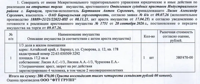 Лот№12 1/3 доля в праве собственности на жилое помещение, кадастровый № 22:63:030509:3292, общая площадь 17,2 кв.м., этаж – 9, адрес: Алтайский край, г. Барнаул, ул. Суворова, д. 12, кв. 178. Зарегистрированных лиц – 4 чел., из них несовершеннолетних – 2 чел. Информация о задолженности по взносам на капитальный ремонт СПИ не предоставлена.