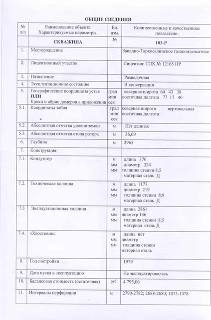 Сооружение, Скважина № 103-Р  глубиной 2965 м, кадастровый номер 89:05:020509:2775, РНФИ П12870000072, расположенная по адресу: Ямало-Ненецкий автономный округ, р-н Пуровский, Западно-Таркосалинское газоконденсатное месторождение