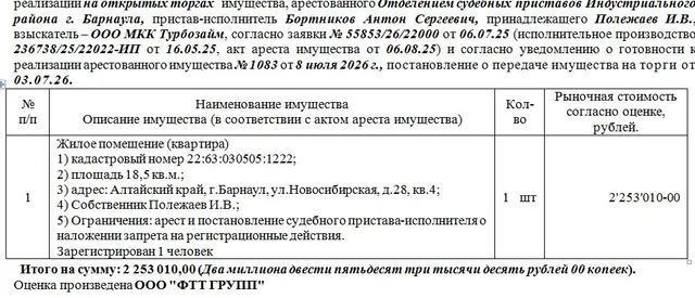 Лот№2 Жилое помещение (квартира) кадастровый номер 22:63:030505:1222; площадь 18,5 кв.м.; адрес: Алтайский край, г.Барнаул, ул.Новосибирская, д.28, кв.4;. Зарегистрирован 1 человек  Нач.цена 1915058 руб. 50 (Полежаев И.В., арест и постановление судебного пристава-исполнителя о наложении запрета на регистрационные действия) (1083) (повторные)
