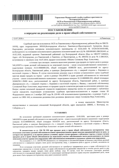 Доля в размере 540/105874 в праве общей долевой собственности на земельный участок площадью 10314250 кв. м, кадастровый номер 31:11:0000000:203. Имущество обременено: арест, запрещение регистрации. Имущество принадлежит на праве собственности Соловьевой В.А. Взыскатель: Министерство земельных и имущественных отношений Белгородской области. Основание реализации: исполнительный лист Ракитянского районного суда Белгородской области по делу № 2-288/2024 от 04.06.2024.