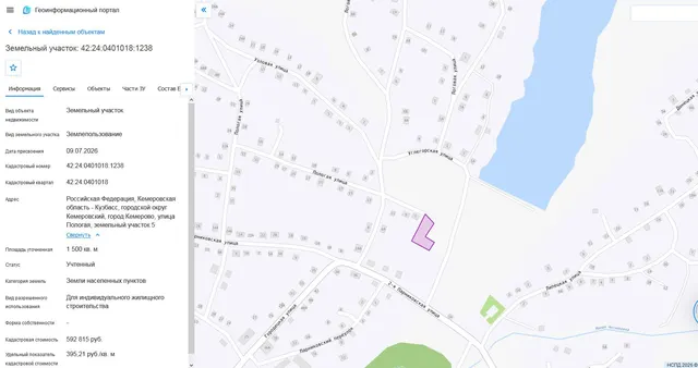 Земельный участок, пл.1500 кв.м, кадастровый №42:24:0401018:1238, разрешенное использование: для индивидуального жилищного строительства, по адресу: г.Кемерово,                                улица Пологая,                    земельный участок 5. Срок аренды 20 лет