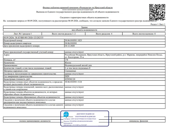 Жилое здание площадью 178 кв. м, кадастровый номер 38:06:010501:1825; земельный участок площадью 843 кв. м, кадастровый номер 38:06:010501:1124, категория земель - земли населенных пунктов, вид разрешенного использования - индивидуальные жилые дома, местоположение: Иркутская обл., Иркутский р-н, рп. Маркова, мкр. Николов Посад, ул. Косогорная, 23а.