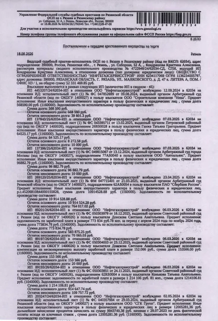 Автомобиль, грузовой самосвал КАМАЗ 65222, 2013 г.в., г/н А870АМ62, VIN X1F652220D0000073, цвет оранжевый. Место хранения: г. Рязань, ул. Прижелезнодорожная, д. 50. Ответственный хранитель Стерликов И.Г. Согласно реестру уведомлений о залоге имущество находится в залоге у ФНС. Реализация имущества должника не лишает права залогодержателя на обращение взыскания на предмет залога. См. Извещение. Взыскатели: Донскова С.А., Конькова Т.А. и др. Должник: ООО «Нефтегазсервисстрой».