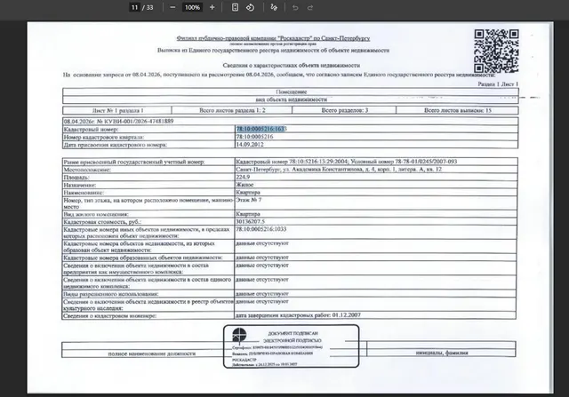 11/137 долей в квартире общ. пл.224.9 кв.м., кадастровый №78:10:0005216:1633,расположенной по адресу: г. Санкт-Петербург, ул. Академика Константинова, д. 4, корп. 1, литера. А, кв. 12