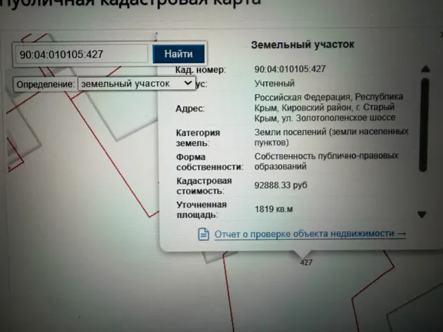 Земельный участок с кадастровым номером 90:04:010105:427, площадью 1819 кв.м, расположенный по адресу: Республика Крым Кировский район, г Старый Крым, ул. Золотополенское шоссе, категория земель: земли населенных пунктов, вид разрешенного использования: Растениеводство (код. 1 1)
