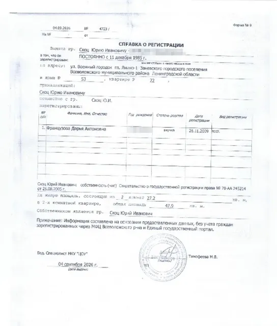 Арестованная в пользу взыскателя Рожко А.Ю., принадлежащая должнику Скоцу Ю.И. квартира, кад.№ 47:07:0000000:58044, общ.пл. 47,9 кв.м., расположенная по адресу: Ленинградская область, м.р-н Всеволожский, г.п. Заневское, гп. Янино-1, ул. Военный городок, д. 53, кв. 22